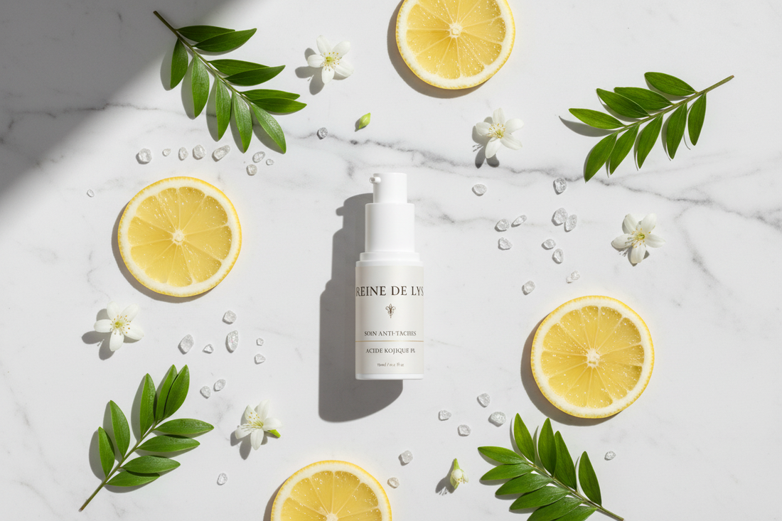 Kojic acid dark spot serum by Reine de Lys on marble surface with botanical elements