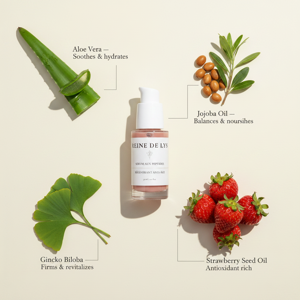 Lifestyle Shot — 4 key ingredients — Reine de Lys Peptide Serum